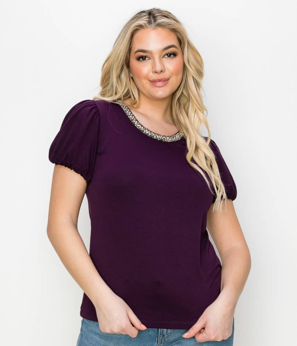 plum blouse, plum top, modest top, modest short sleeve top, modest embellished top, rhinestones neckline, modest plum top, modest puff sleeve top