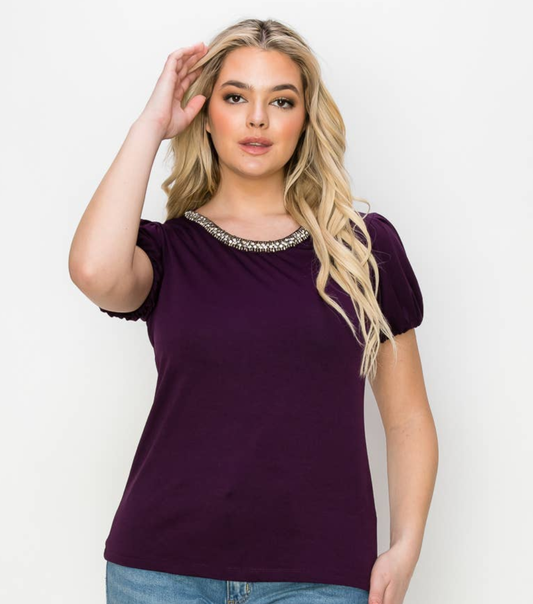 plum blouse, plum top, modest top, modest short sleeve top, modest embellished top, rhinestones neckline, modest plum top, modest puff sleeve top