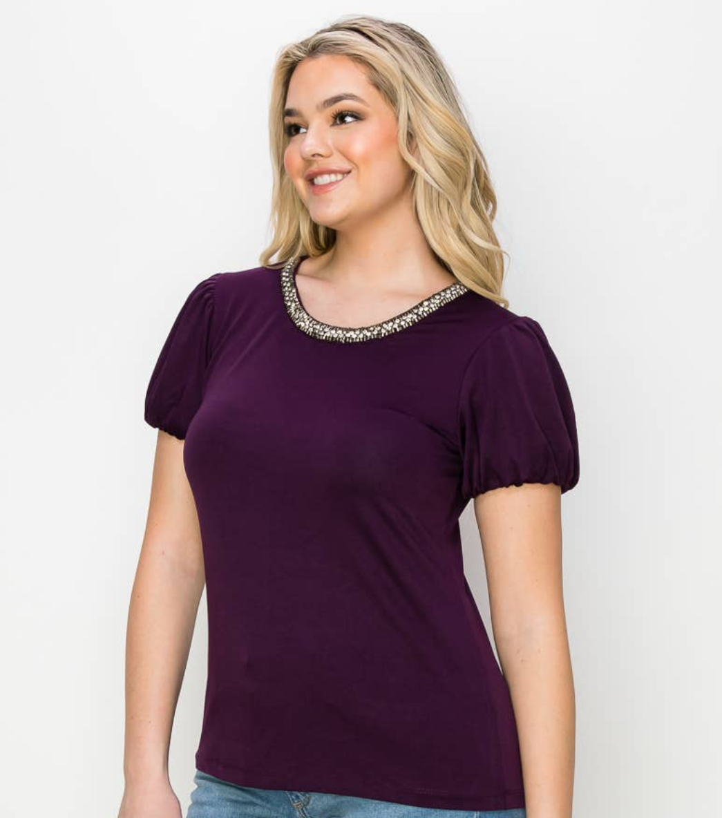 plum blouse, plum top, modest top, modest short sleeve top, modest embellished top, rhinestones neckline, modest plum top, modest puff sleeve top