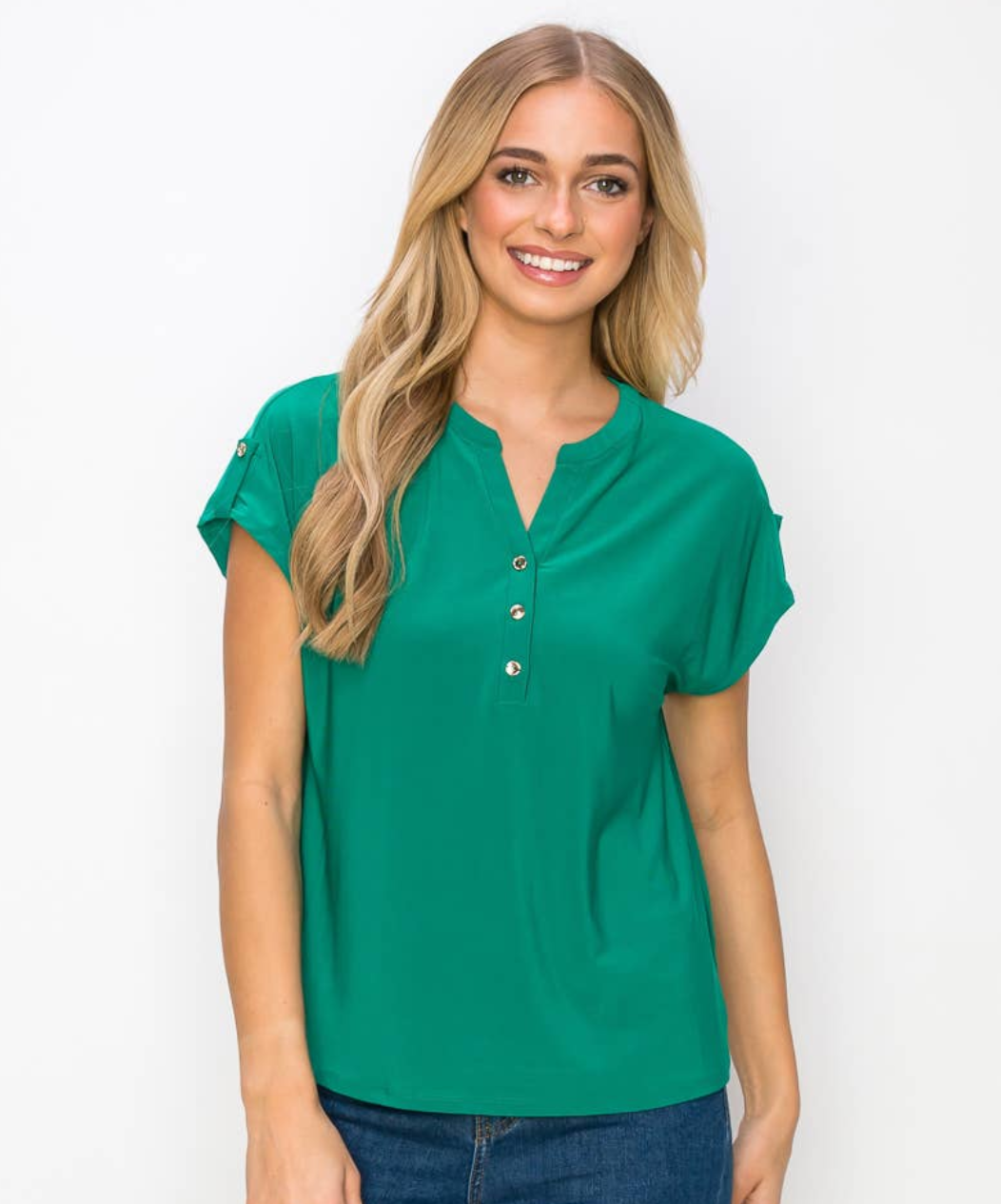 Emerald Hardware Tab Sleeve V Neck Shirt