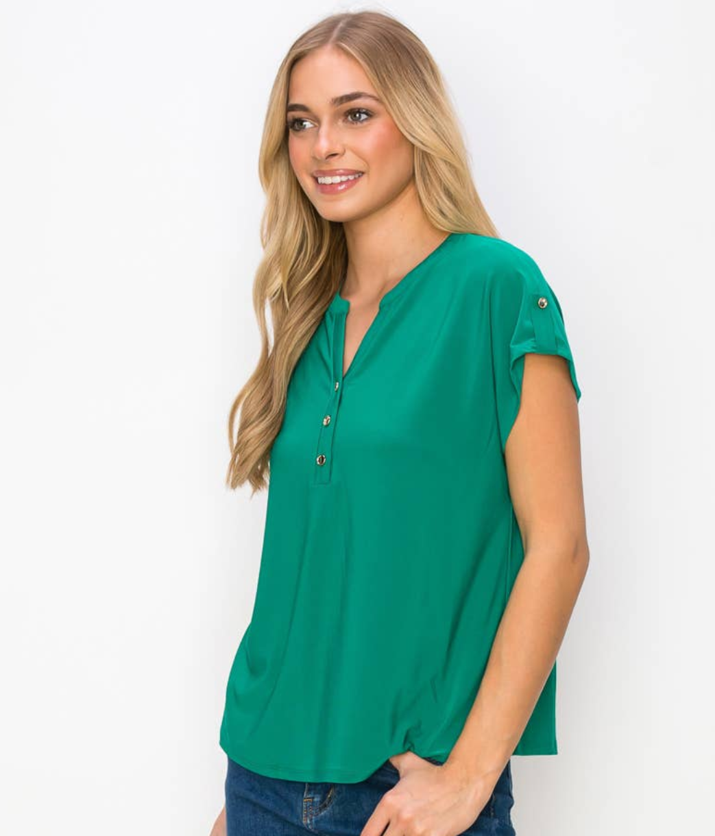 Emerald Hardware Tab Sleeve V Neck Shirt