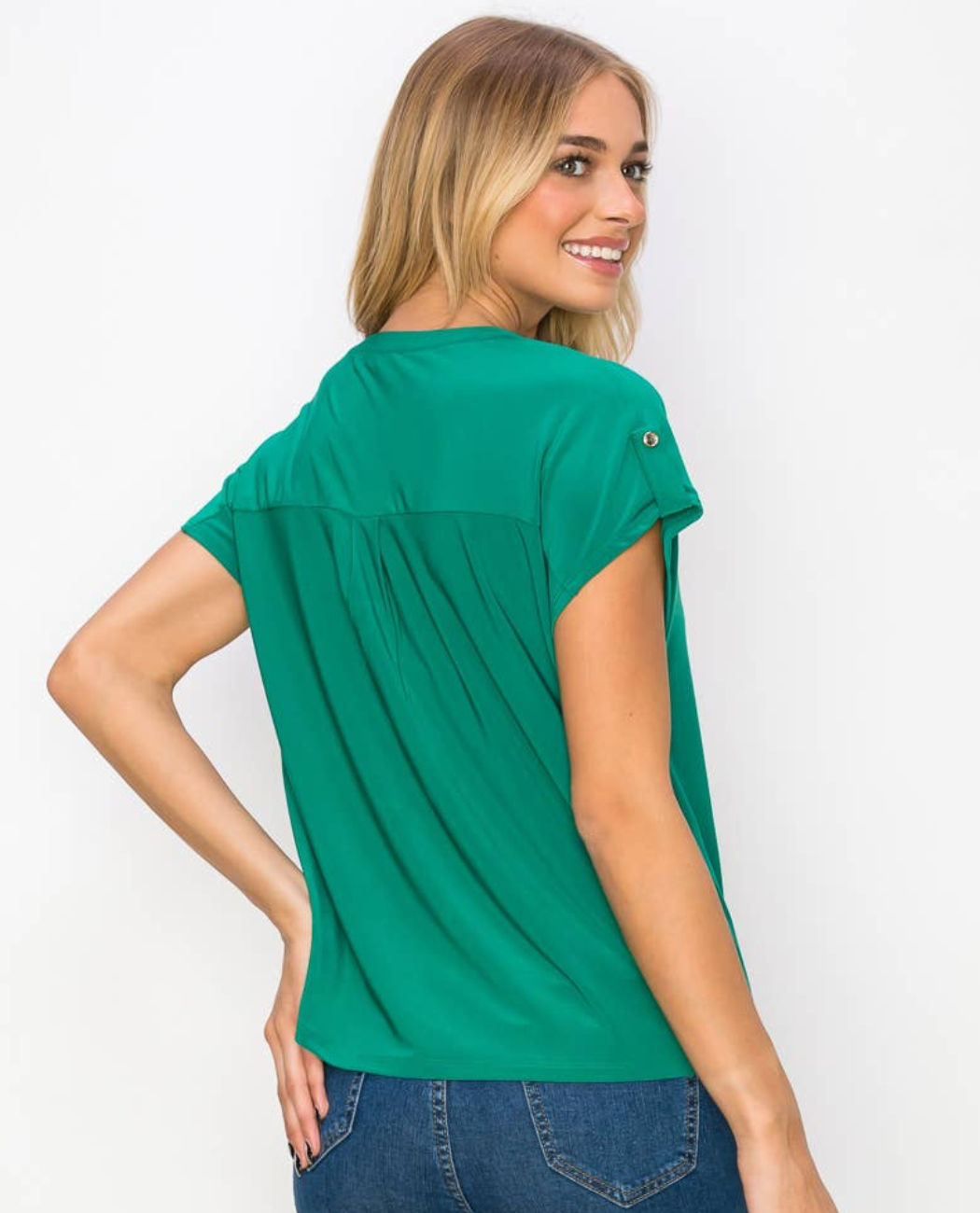 Emerald Hardware Tab Sleeve V Neck Shirt