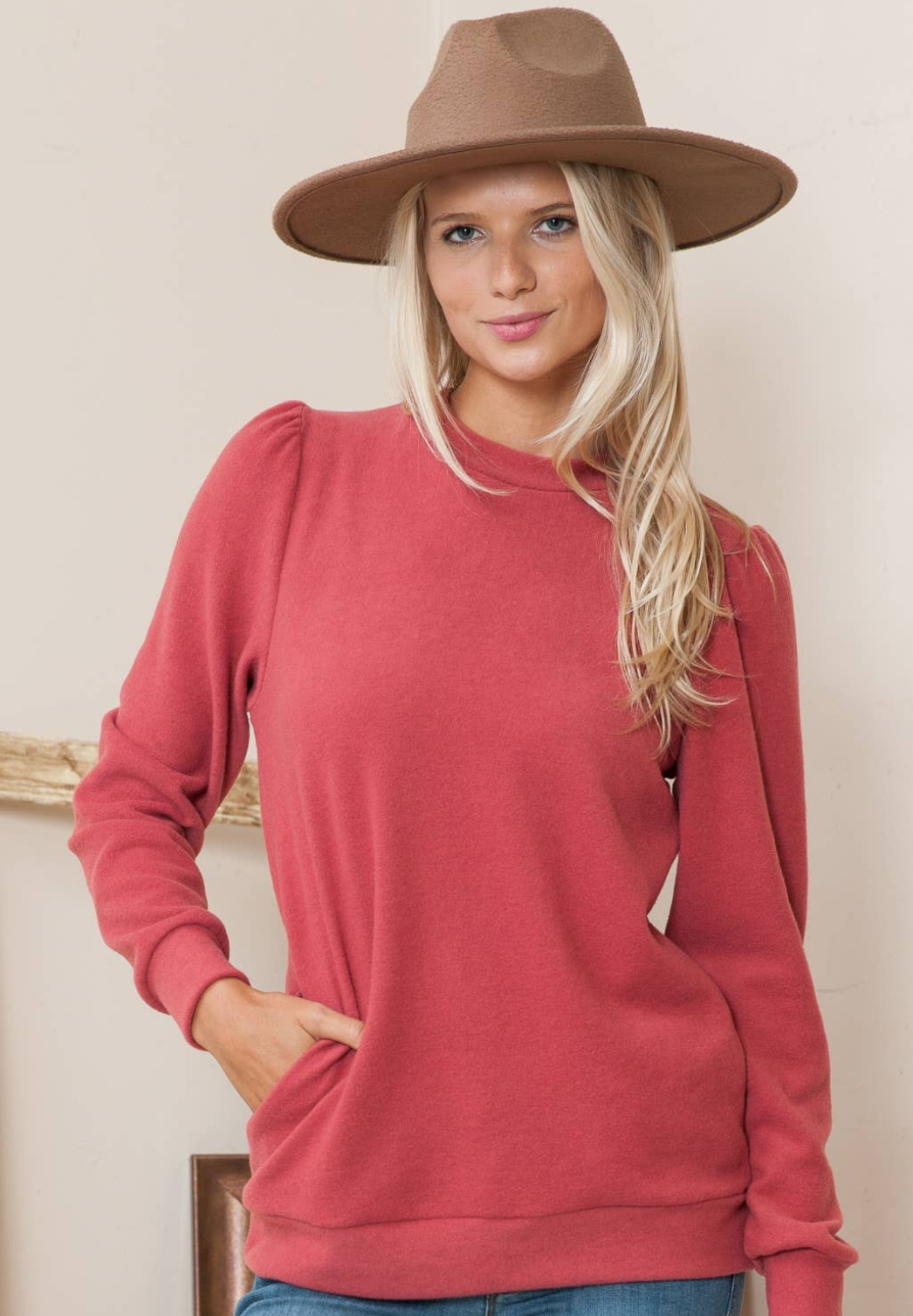 solid long sleeve top mauve, long sleeve top mauve, cozy top with pockets, mauve top