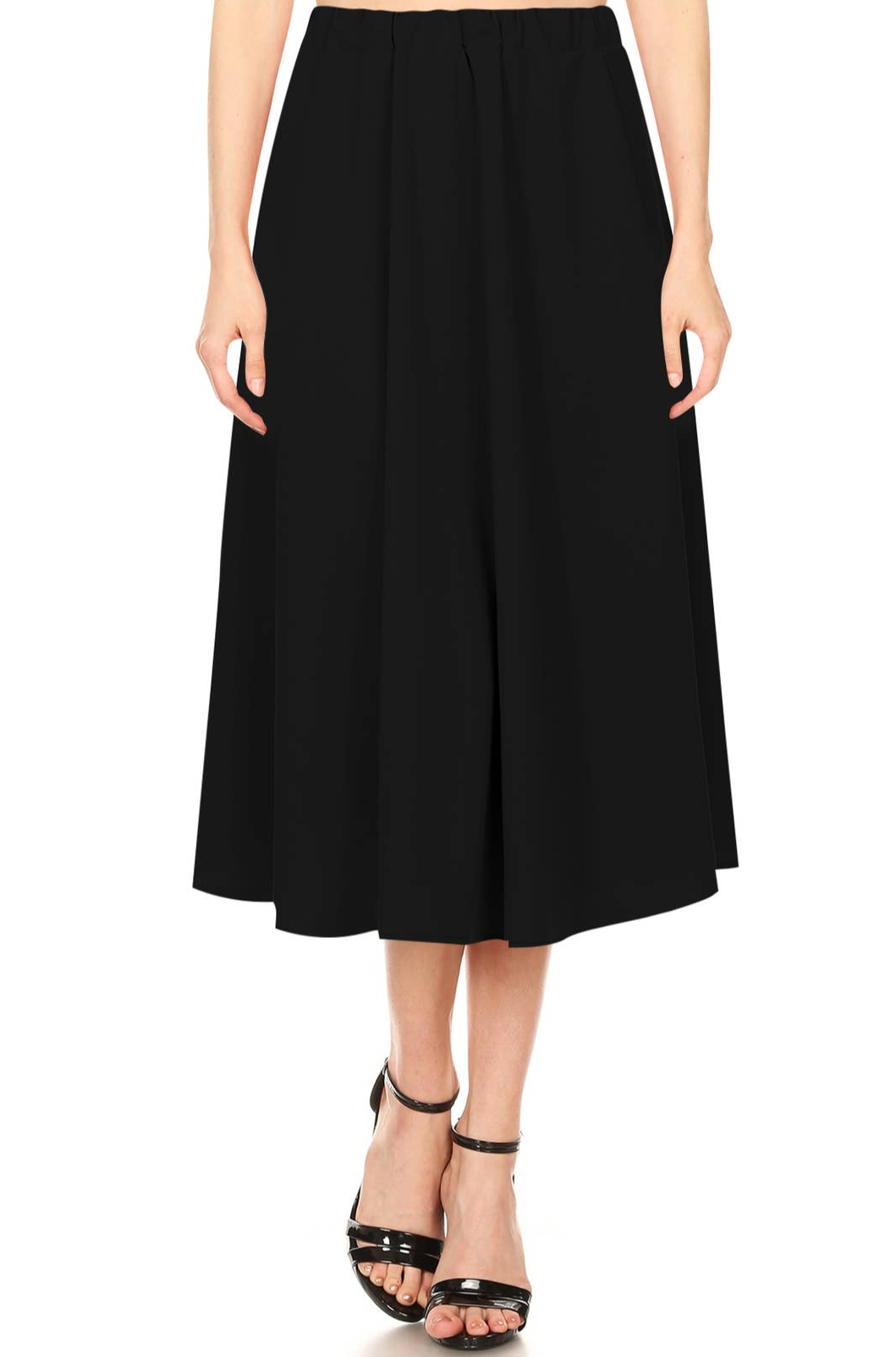 Solid High Waist Casual Pull On Midi Skirt Black