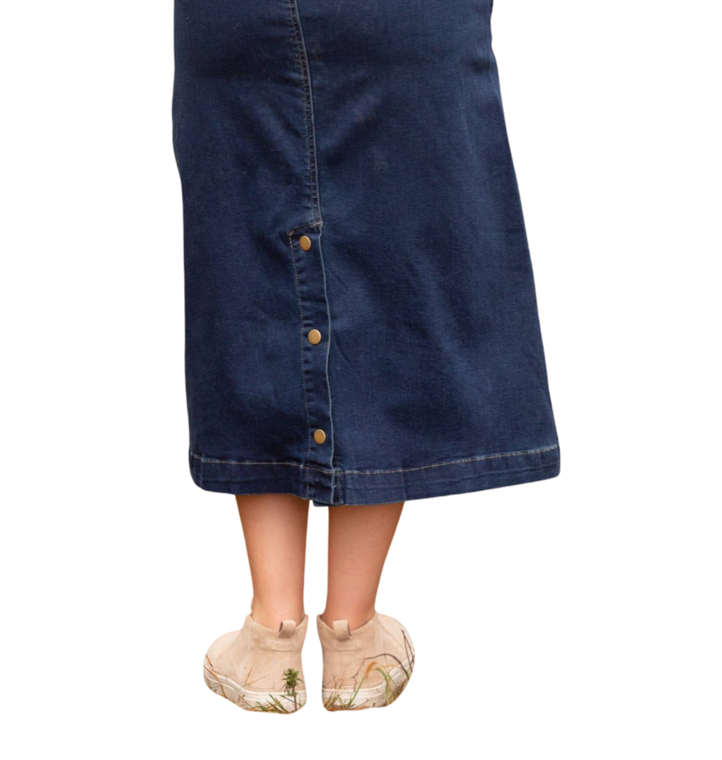 back snap dark wash modest midi denim skirt women's