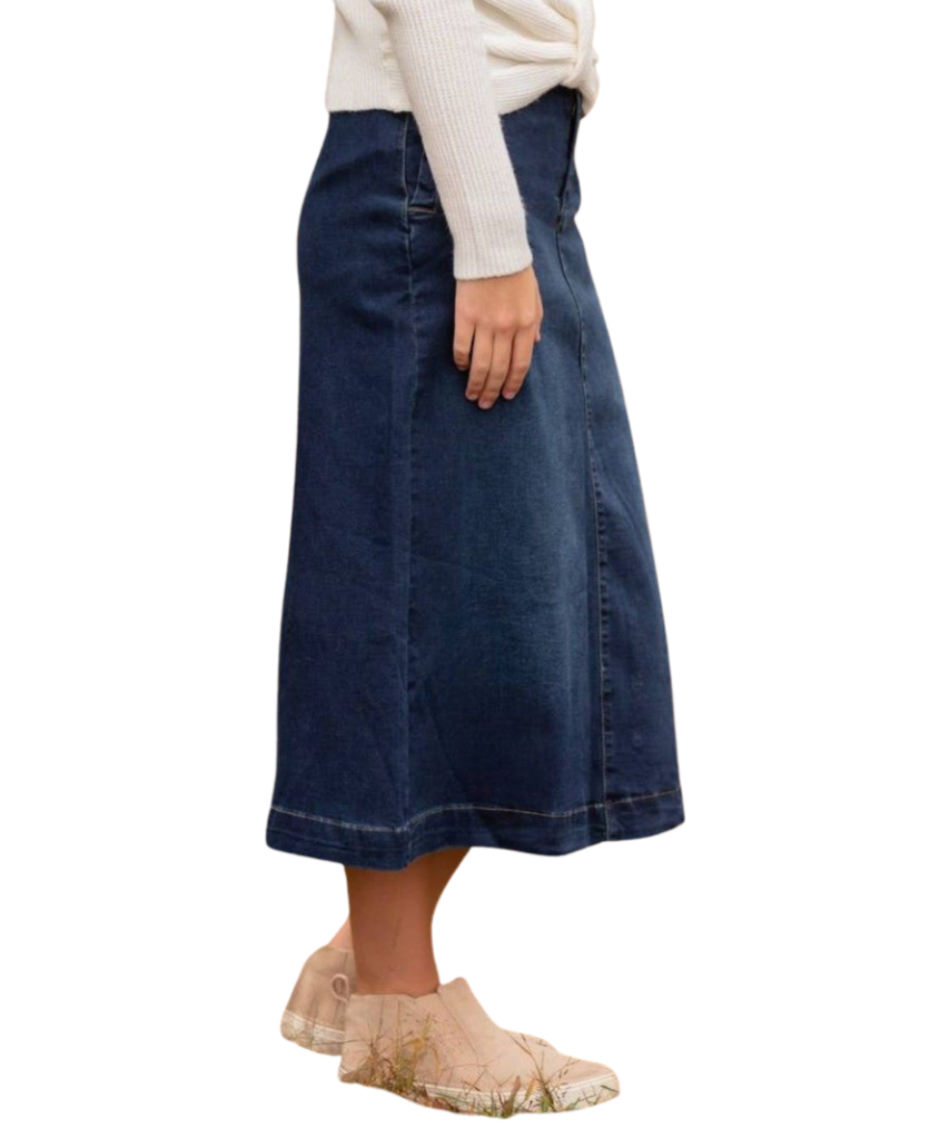 back snap dark wash modest midi denim skirt women's