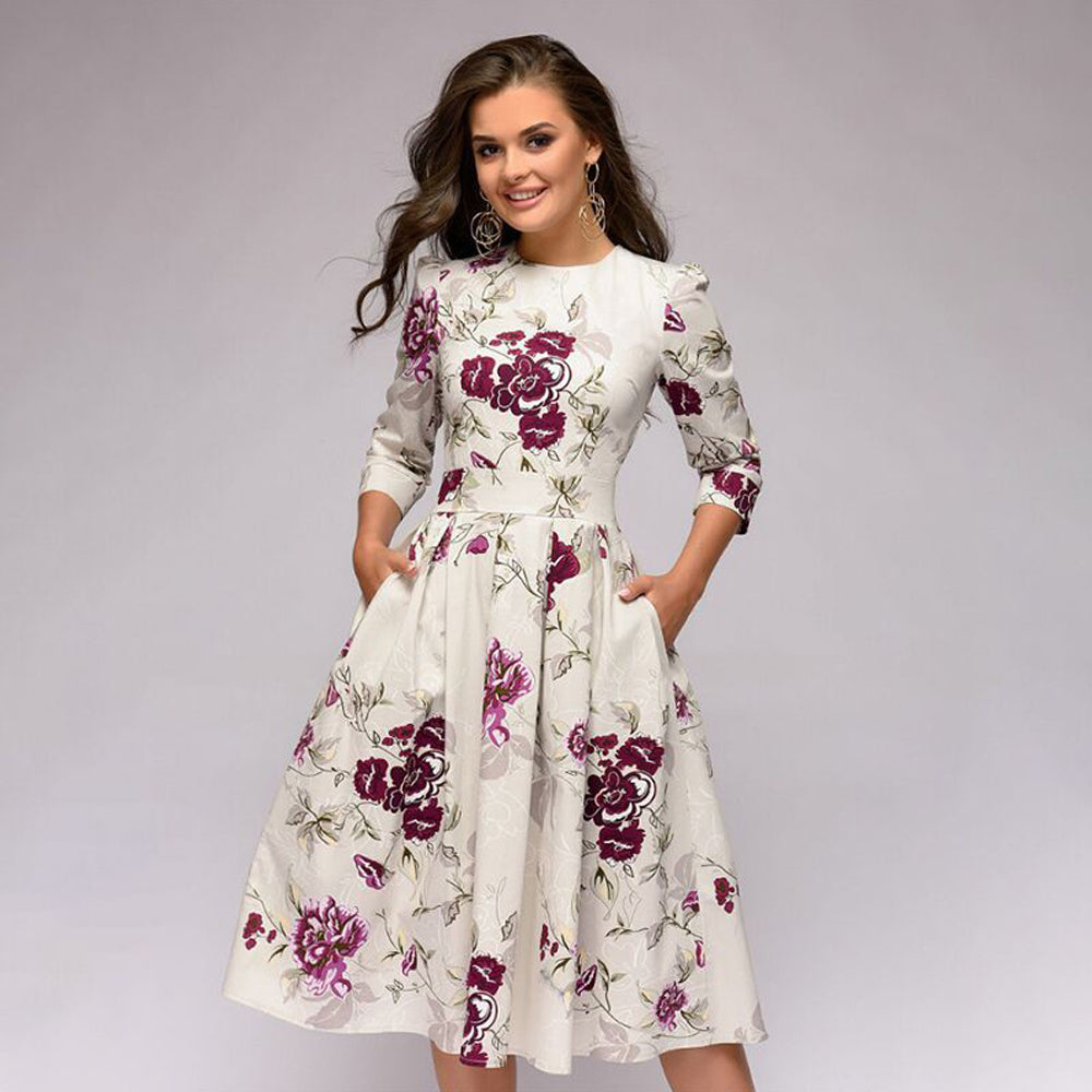 Rosie Vintage Spring/Summer Floral 3/4 Sleeve Midi Dress